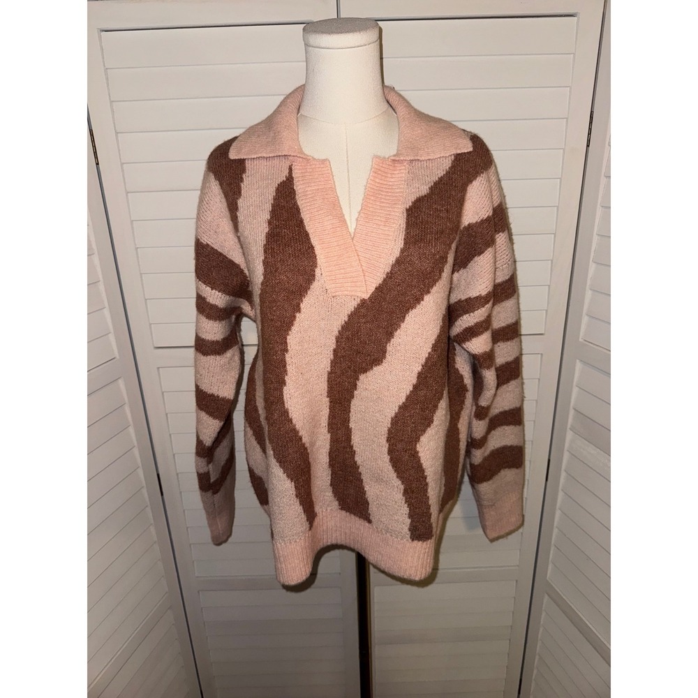 Nine West Womens Striped Collared V Neck Pullover Sweater Pink Brown Size L - Picture 2 of 7